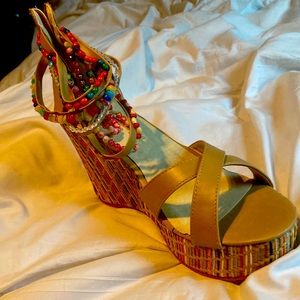 Beaded wedge heels with woven stitch finish, size 8.5